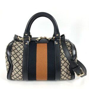 GUCCI Striped logo 2WAY Hand Bag Sherry Line Shoulder Bag Leather/Canvas Navy